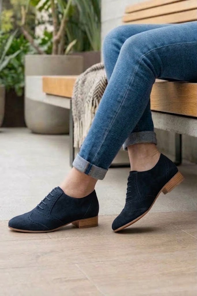 Chaussures à lacets femme habillées en cuir bleu marine à semelle en cuir et bout rond - Vue du dessus