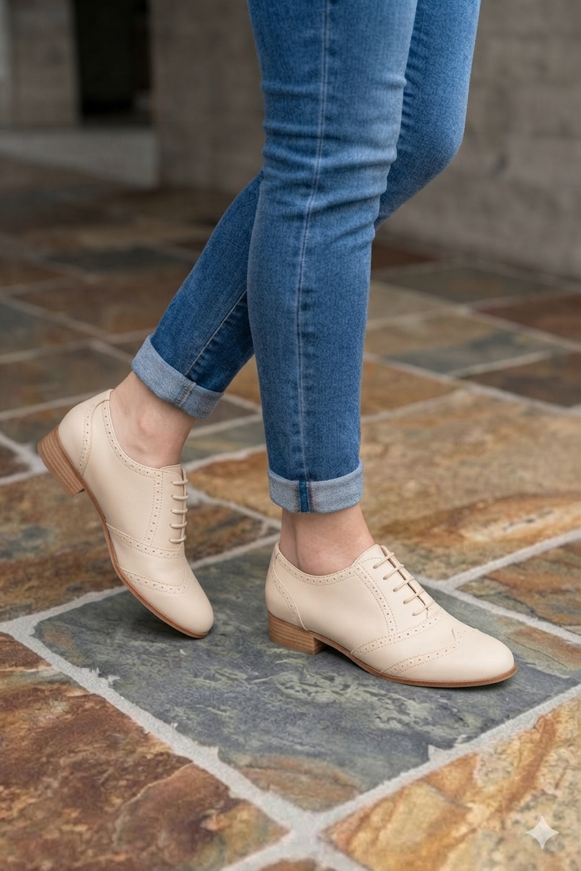 Derbies couture pour femme en cuir blanc ivoire avec bout rond et semelle en cuir plate - Vue du dessus