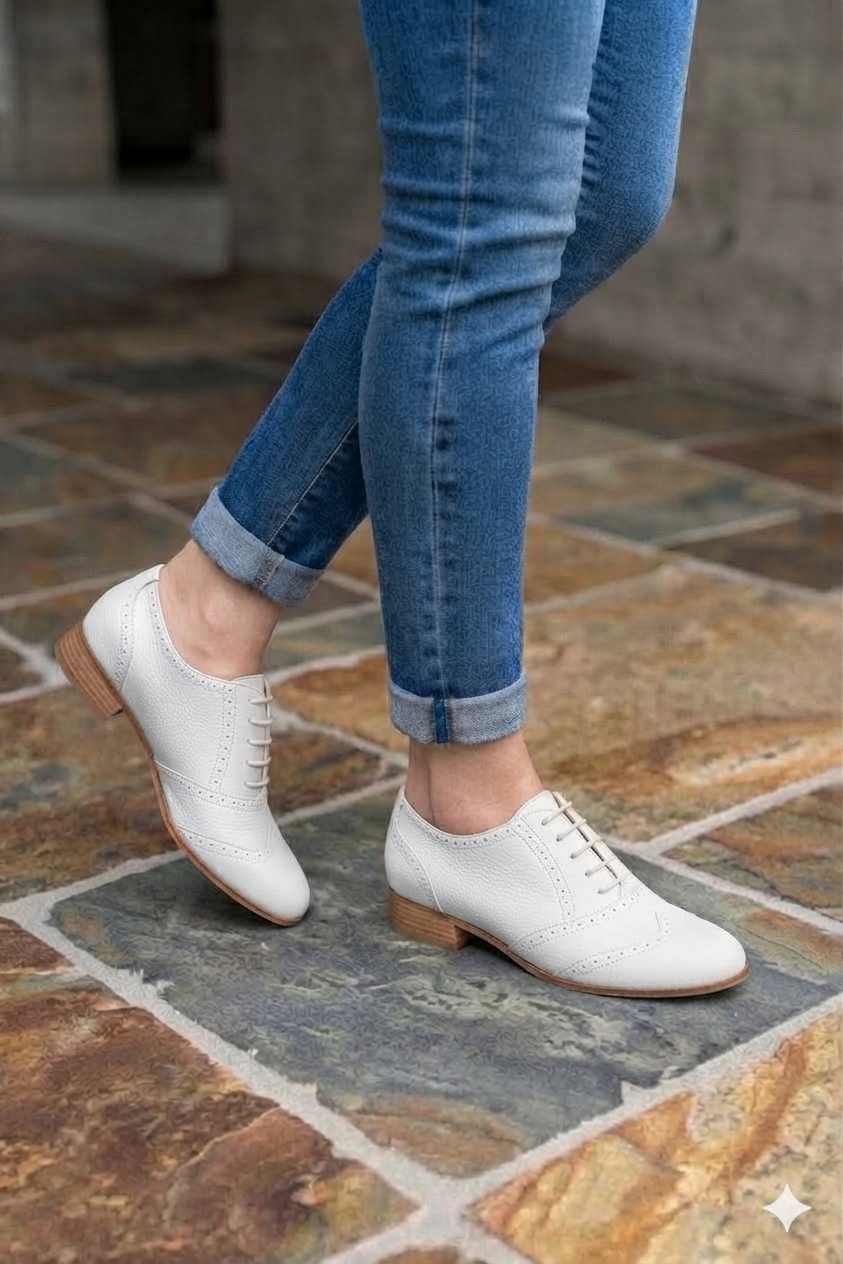 Derbies couture pour femme en cuir blanc cassé avec bout rond et semelle en cuir plate - Vue porté