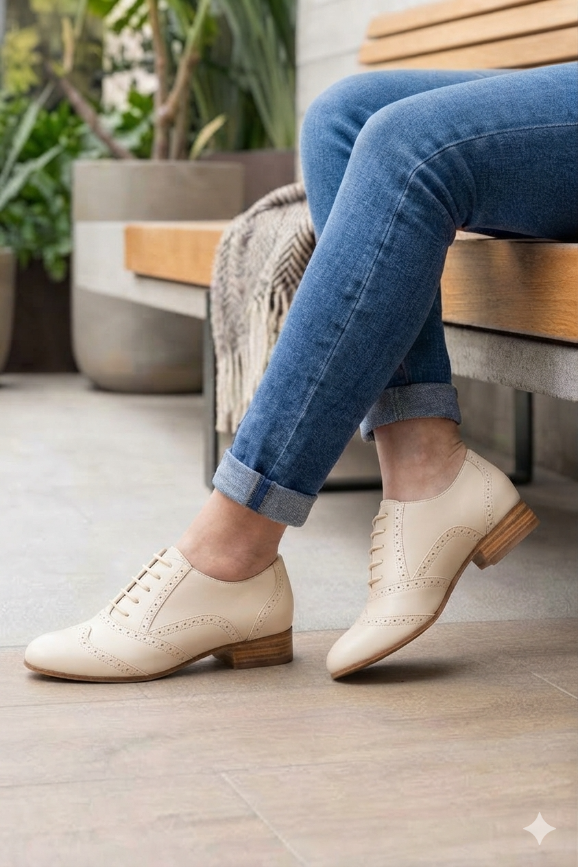 Derbies couture pour femme en cuir blanc ivoire avec bout rond et semelle en cuir plate - Vue porté