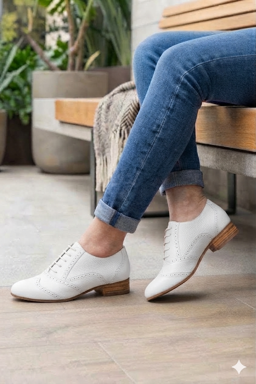 Derbies couture pour femme en cuir blanc cassé avec bout rond et semelle en cuir plate - Vue du dessus