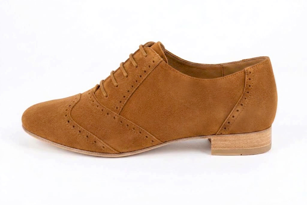 Chaussures à lacets femme habillées en cuir camel à semelle en cuir et bout rond - Vue de profil