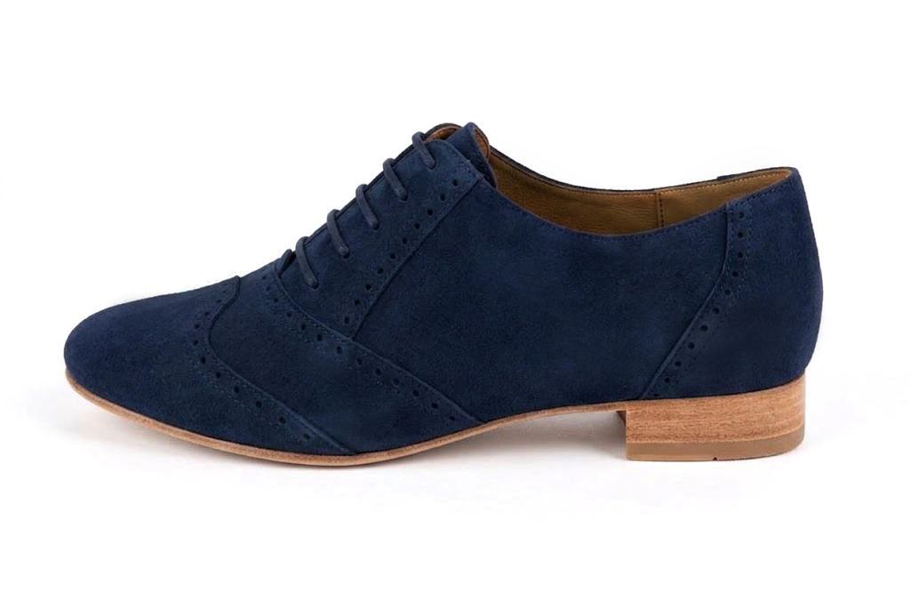Chaussures à lacets femme habillées en cuir bleu marine à semelle en cuir et bout rond - Vue de profil