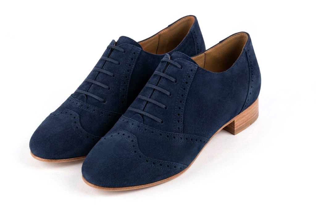 Chaussures à lacets femme habillées en cuir bleu marine à semelle en cuir et bout rond - Vue avant