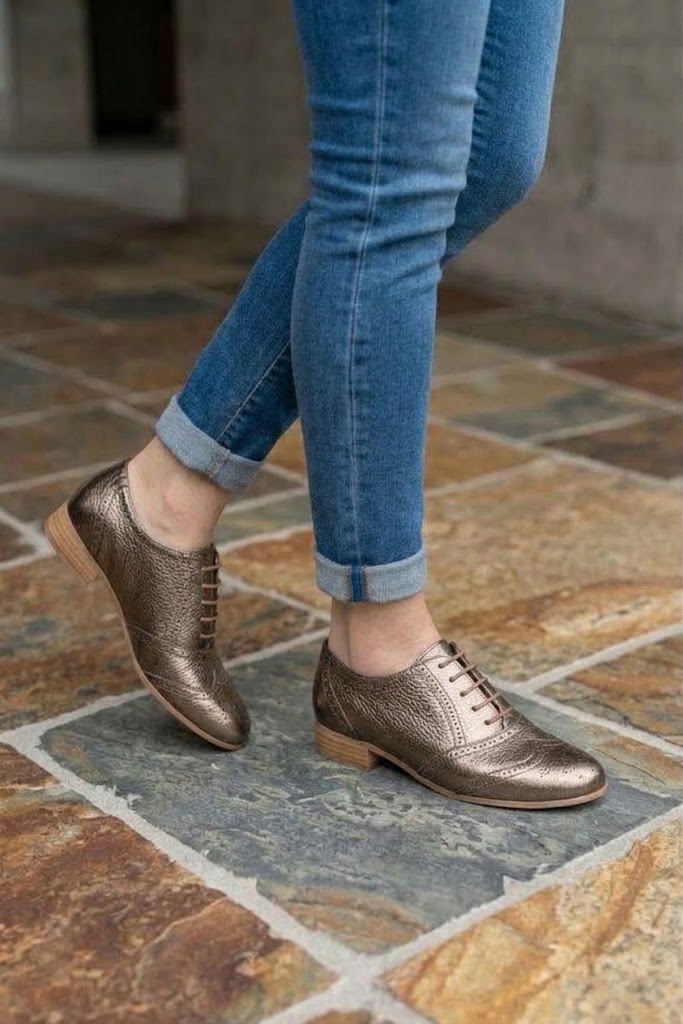 Chaussures à lacets femme habillées en cuir bronze à semelle en cuir et bout rond - Vue porté