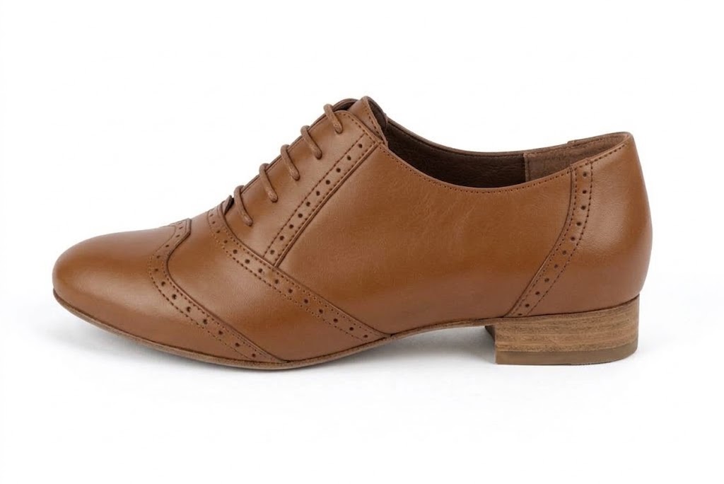 Chaussures à lacets femme habillées en cuir cognac à semelle en cuir et bout rond - Vue de profil