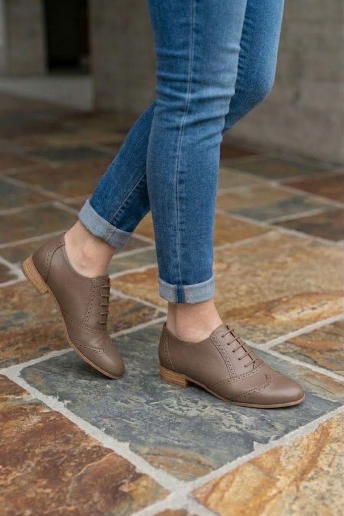 Chaussures à lacets femme habillées en cuir bronze à semelle en cuir et bout rond - Vue du dessus