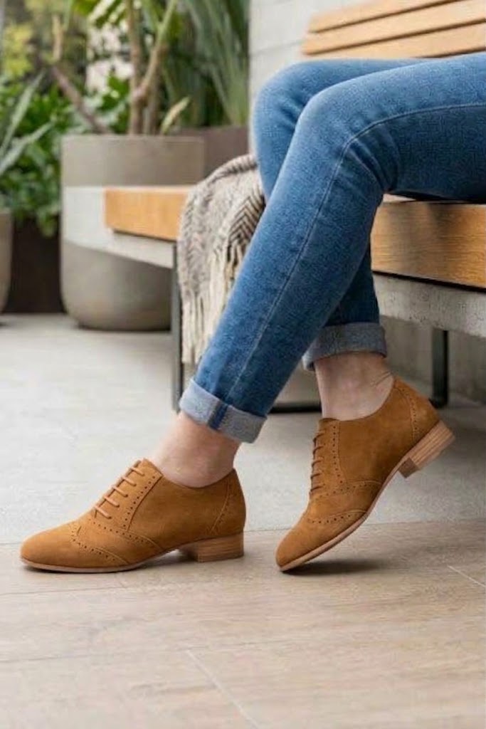 Chaussures à lacets femme habillées en cuir camel à semelle en cuir et bout rond - Vue porté