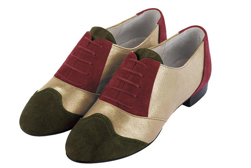 Chaussure femme à lacets : Derby original couleur vert kaki, or doré et rouge bordeaux. Bout rond. Semelle cuir talon plat Vue avant - Florence KOOIJMAN