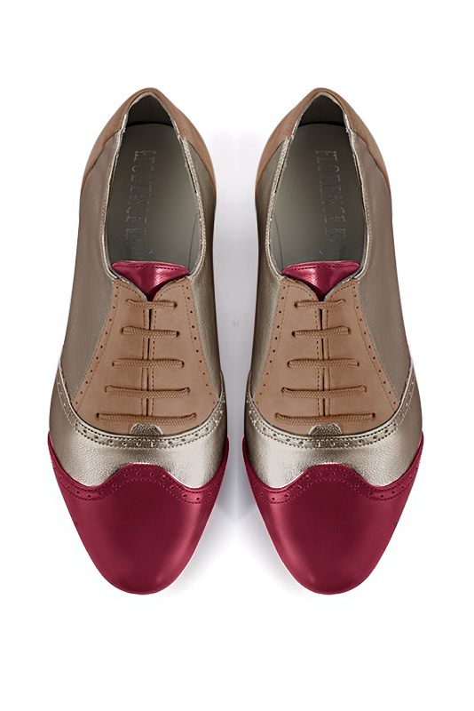 Chaussure femme à lacets : Derby original couleur rouge bordeaux, or mordoré et beige biscuit.. Vue du dessus - Florence KOOIJMAN