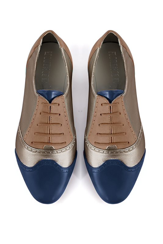 Chaussure femme à lacets : Derby original couleur bleu marine, or mordoré et beige biscuit.. Vue du dessus - Florence KOOIJMAN