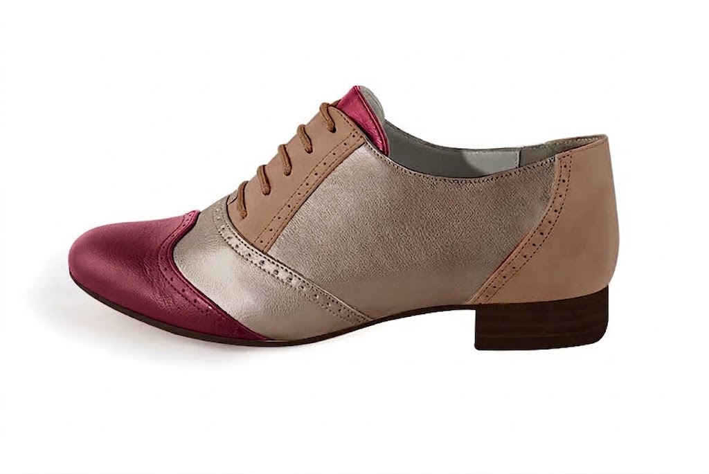 Derbies couture pour femme en cuir bordeaux, mordoré et nude avec bout rond et semelle en cuir plate - Vue de profil