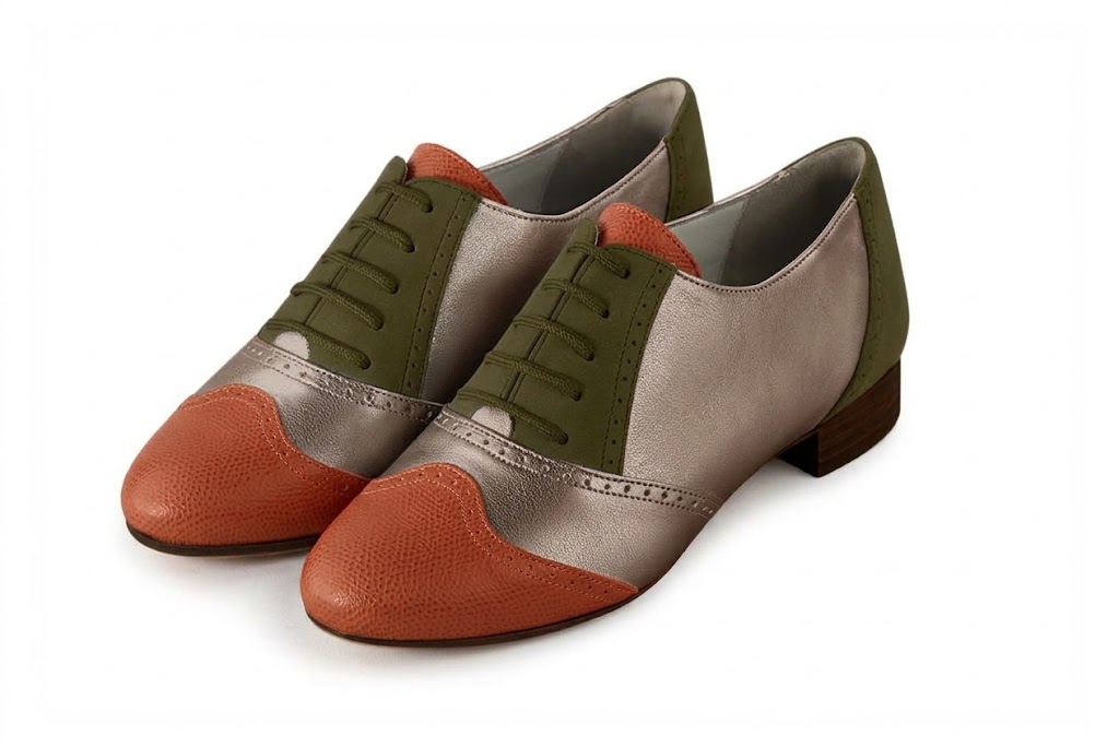 Derbies couture pour femme en cuir terracotta, mordoré et kaki avec bout rond et semelle en cuir plate - Vue avant