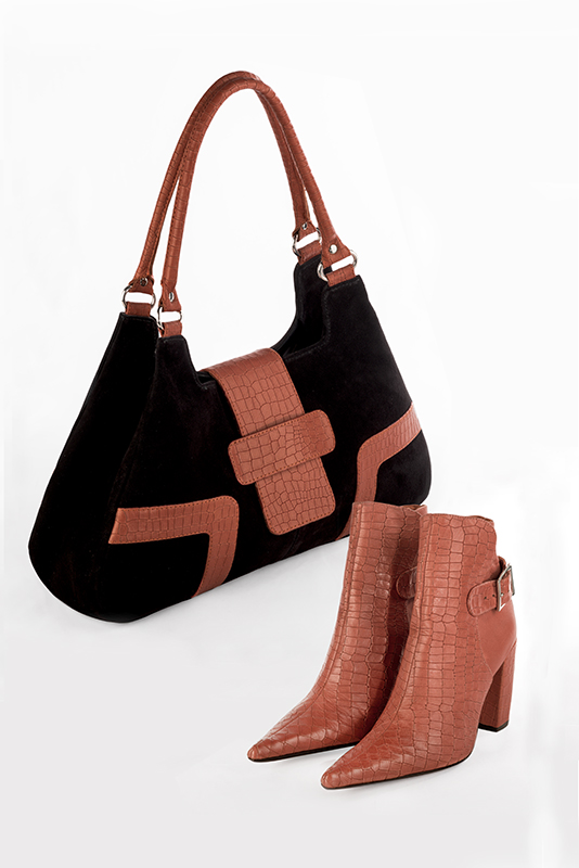 Luxueux grand sac à main, élégant et raffiné, coloris noir mat et orange corail. Personnalisation : Choix des cuirs et des couleurs. - Florence KOOIJMAN