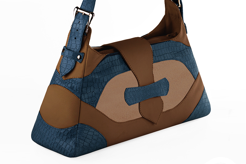 Sac à main  bleu denim, beige biscuit et marron caramel haut de gamme. Personnalisation Vue avant - Florence KOOIJMAN