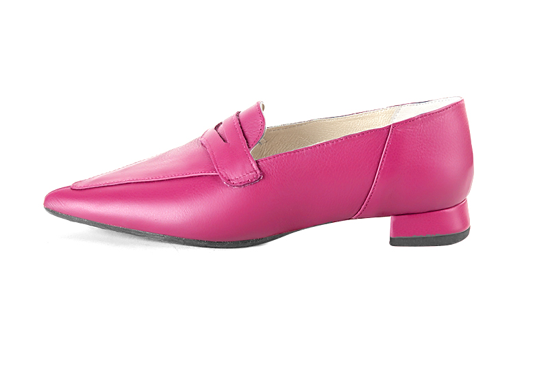 Mocassin femme : Mocassin élégant et raffiné couleur rose fuchsia. Bout pointu. Talon plat évasé. Vue de profil - Florence KOOIJMAN