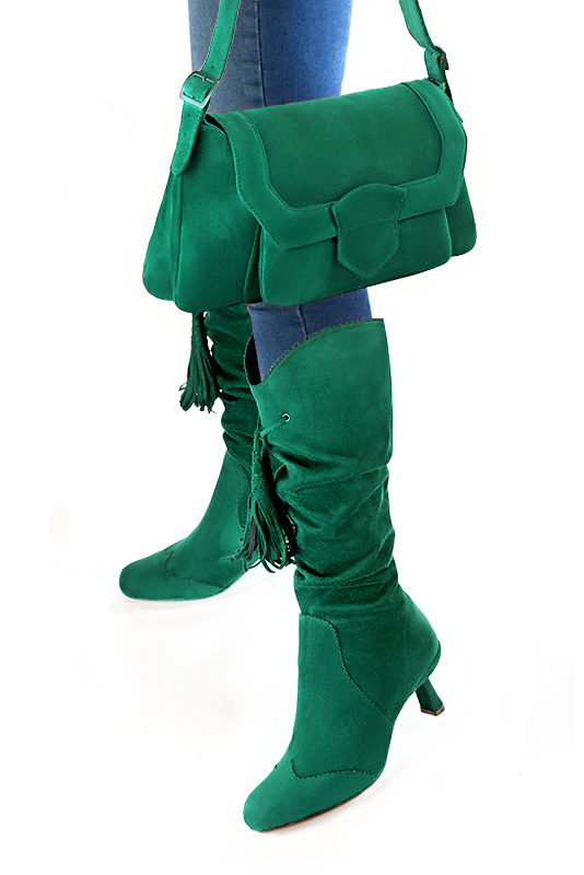 Luxueux sac à main, élégant et raffiné, coloris vert émeraude. Personnalisation : Choix des cuirs et des couleurs. - Florence KOOIJMAN