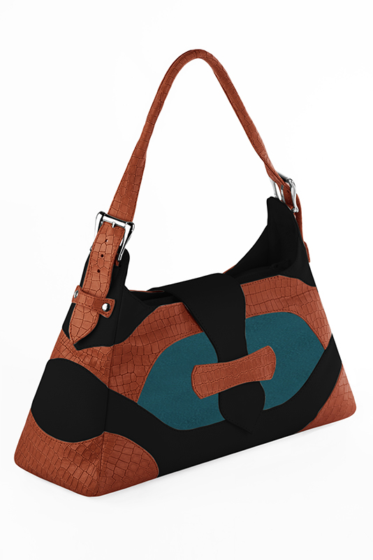 Luxueux sac à main, élégant et raffiné, coloris noir mat, bleu canard et orange corail. Personnalisation : Choix des cuirs et des couleurs. - Florence KOOIJMAN