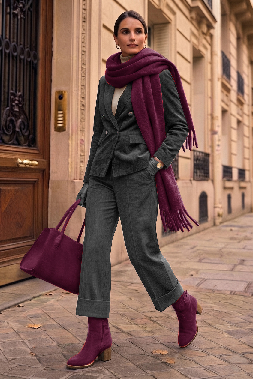 Bottines boucle sur le côté pour femme en cuir mauve avec bout rond et talon bottier de 6 cm - Vue porté