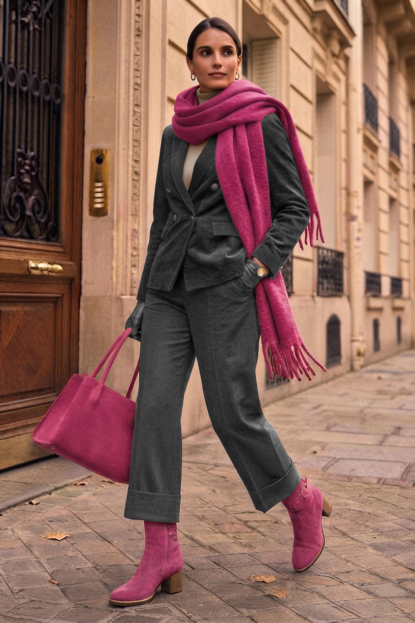 Bottines boucle sur le côté pour femme en cuir fuchsia avec bout rond et talon bottier de 6 cm - Vue porté