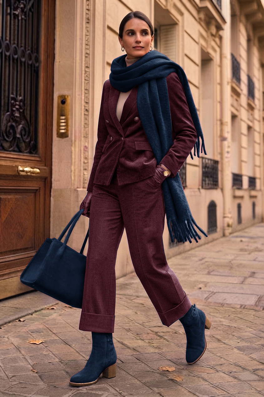 Bottines boucle sur le côté pour femme en cuir bleu marine avec bout rond et talon bottier de 6 cm - Vue porté