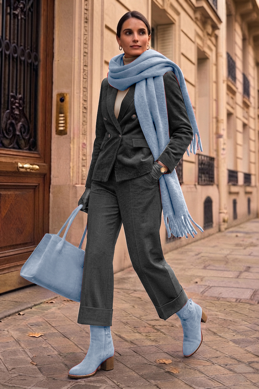 Bottines boucle sur le côté pour femme en cuir bleu ciel avec bout rond et talon bottier de 6 cm - Vue porté