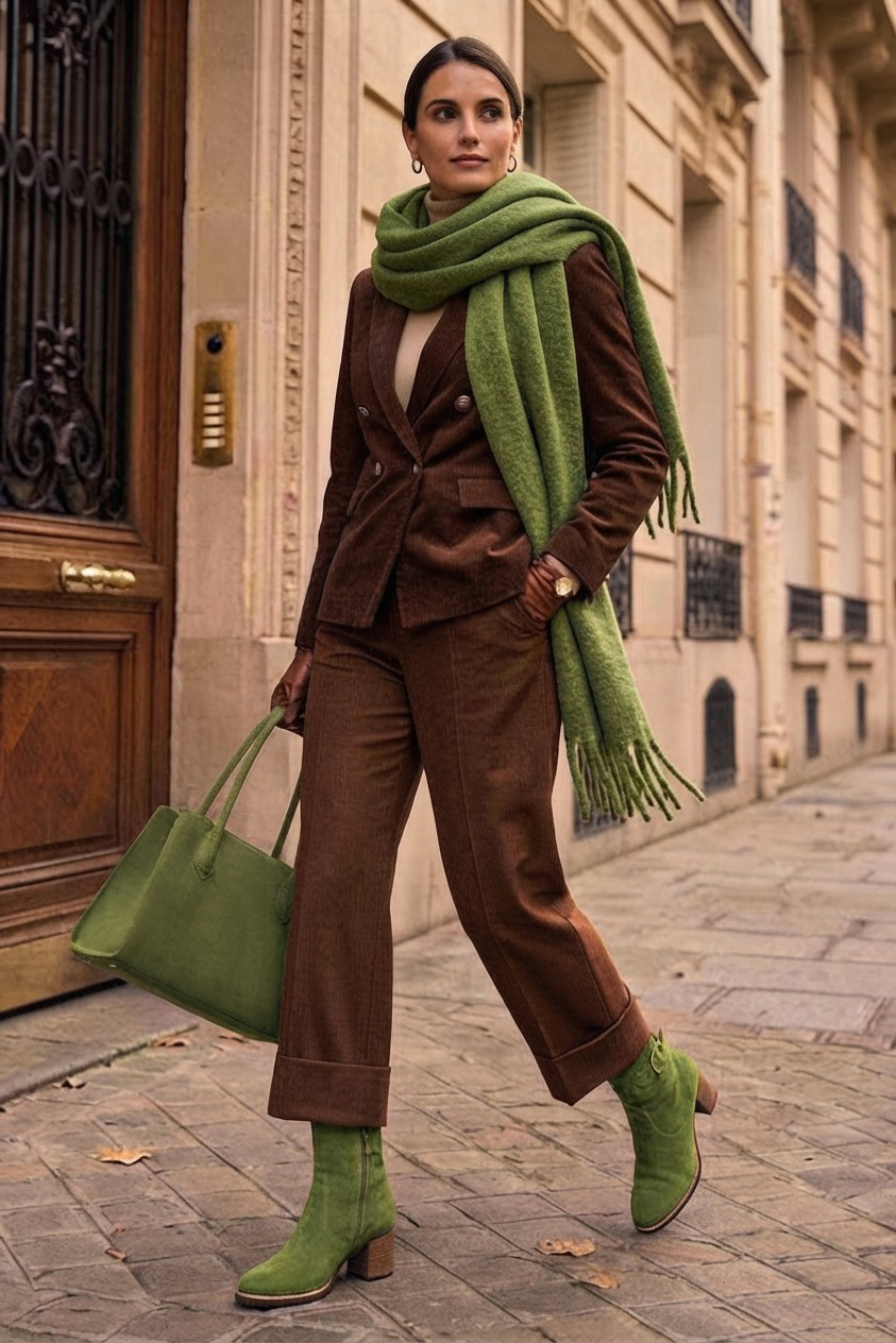 Bottines boucle sur le côté pour femme en cuir vert pistache avec bout rond et talon bottier de 6 cm - Vue porté