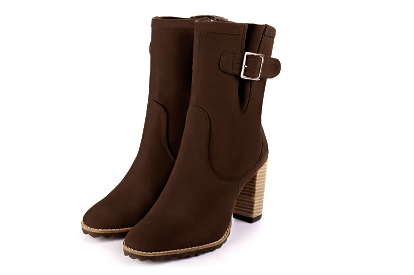 Boots femme : Boots avec des boucles sur le côté couleur marron ébène. Bout rond. Talon haut bottier Vue avant - Florence KOOIJMAN