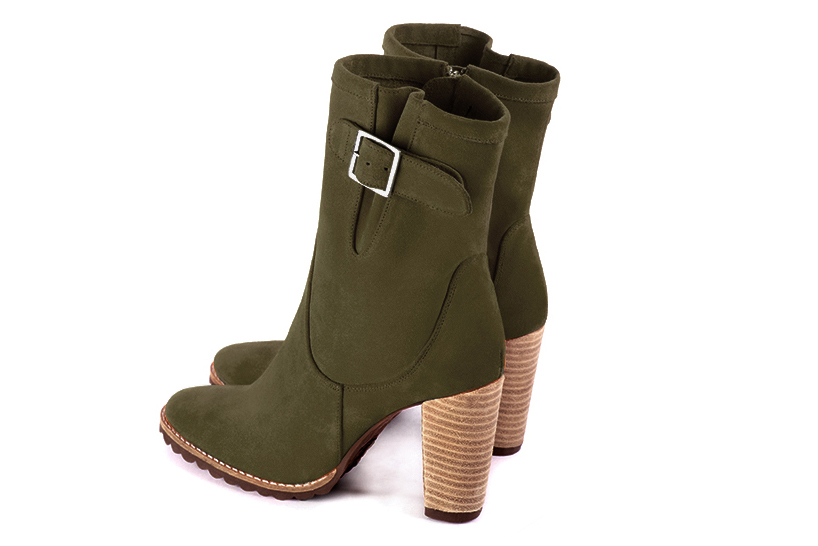 Bottines élégantes et raffinées avec des boucles sur le côté, coloris vert kaki. Bout rond. Haut. Talon bottier. Personnalisation : Choix des cuirs, des couleurs et des talons. Cou-de-pied sur mesure. - Florence KOOIJMAN