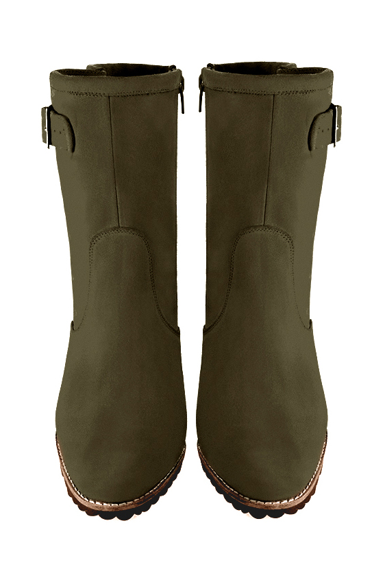 Bottines élégantes et raffinées avec des boucles sur le côté, coloris vert kaki. Bout rond. Haut. Talon bottier. Personnalisation : Choix des cuirs, des couleurs et des talons. Cou-de-pied sur mesure. - Florence KOOIJMAN