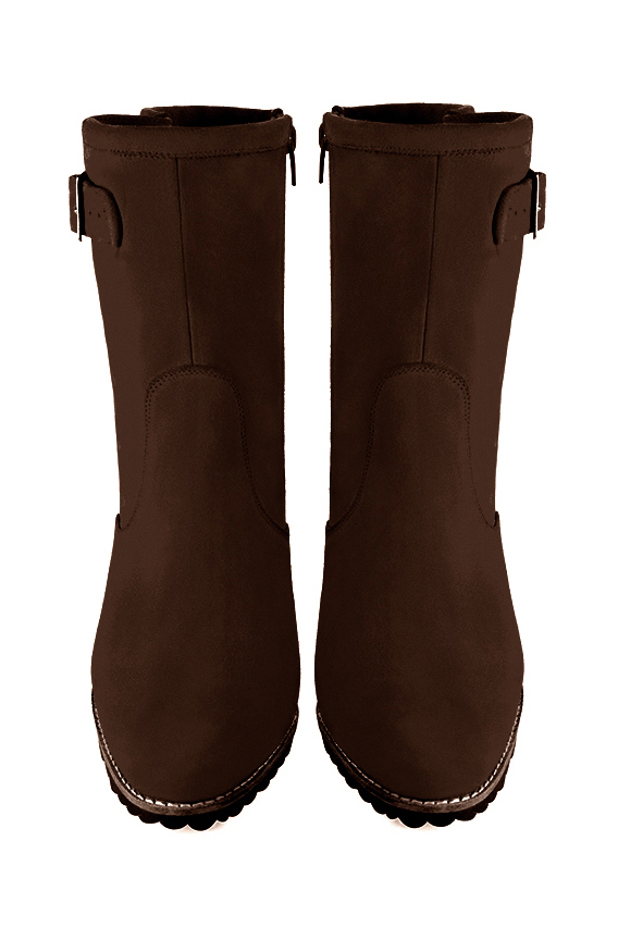 Boots femme : Boots avec des boucles sur le côté couleur marron ébène. Bout rond. Talon haut bottier. Vue du dessus - Florence KOOIJMAN