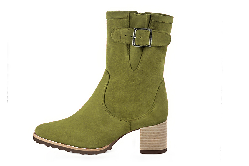 Boots femme : Boots avec des boucles sur le côté couleur vert pistache. Bout rond. Talon mi-haut bottier. Vue de profil - Florence KOOIJMAN