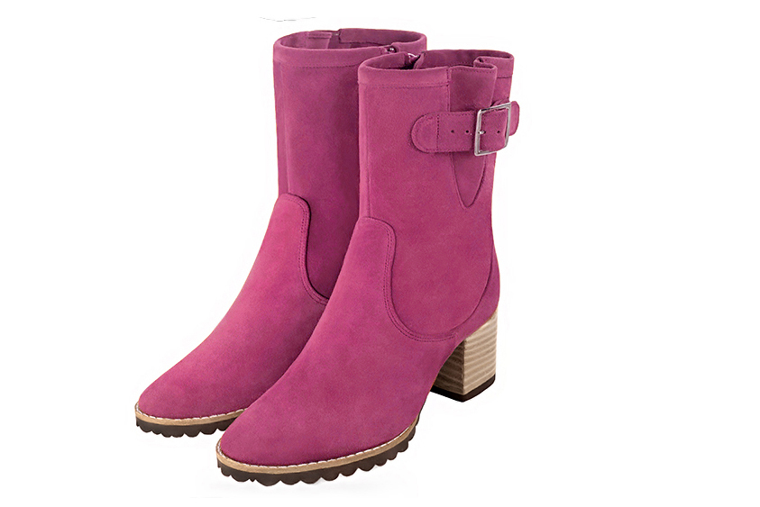 Boots femme : Boots avec des boucles sur le côté couleur rose fuchsia. Bout rond. Talon mi-haut bottier Vue avant - Florence KOOIJMAN