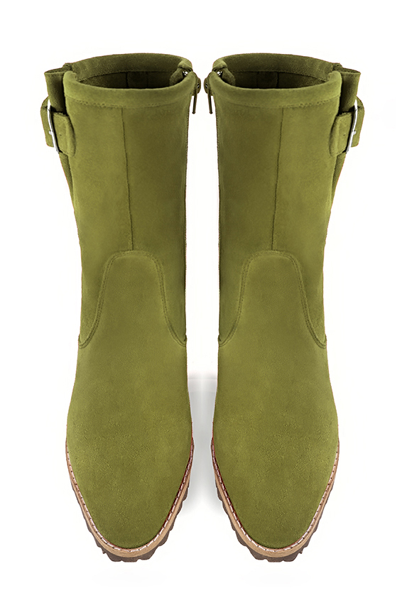 Boots femme : Boots avec des boucles sur le côté couleur vert pistache. Bout rond. Talon mi-haut bottier. Vue du dessus - Florence KOOIJMAN