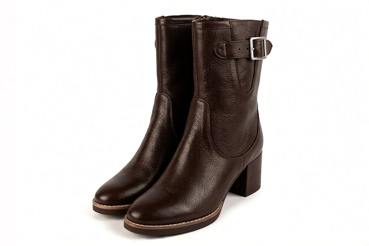 Bottines boucle sur le côté pour femme en cuir marron foncé avec bout rond et talon bottier de 6 cm - Vue avant