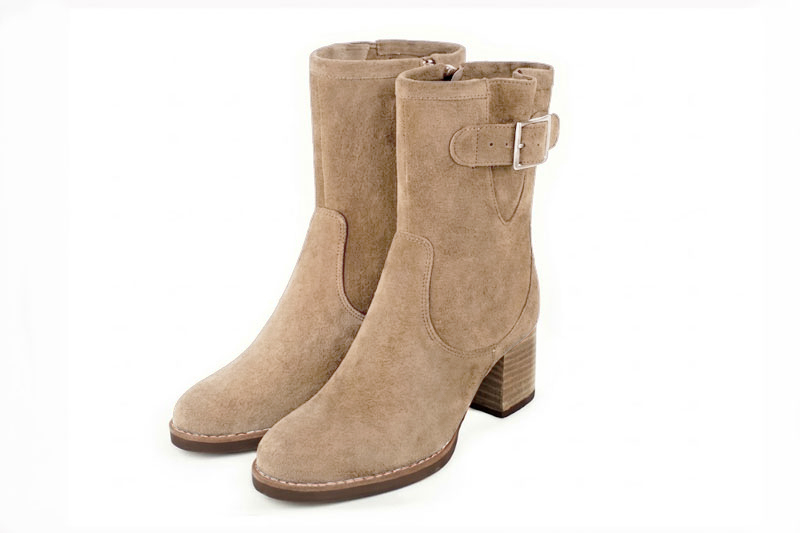 Bottines boucle sur le côté pour femme en cuir sable avec bout rond et talon bottier de 6 cm - Vue avant