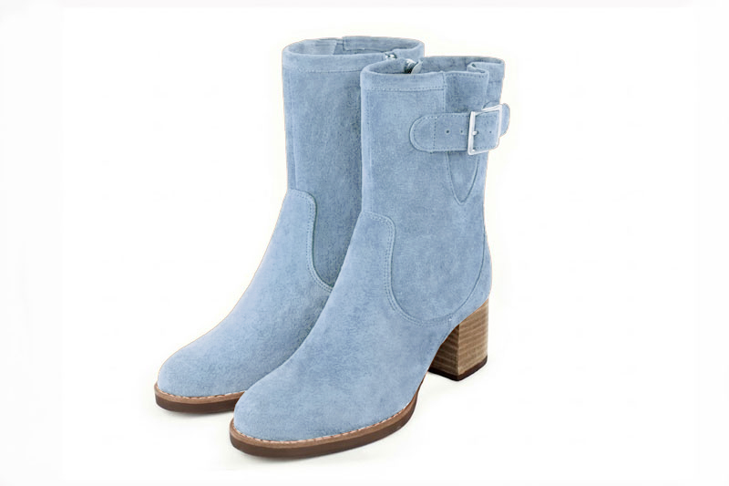 Bottines boucle sur le côté pour femme en cuir bleu ciel avec bout rond et talon bottier de 6 cm - Vue avant