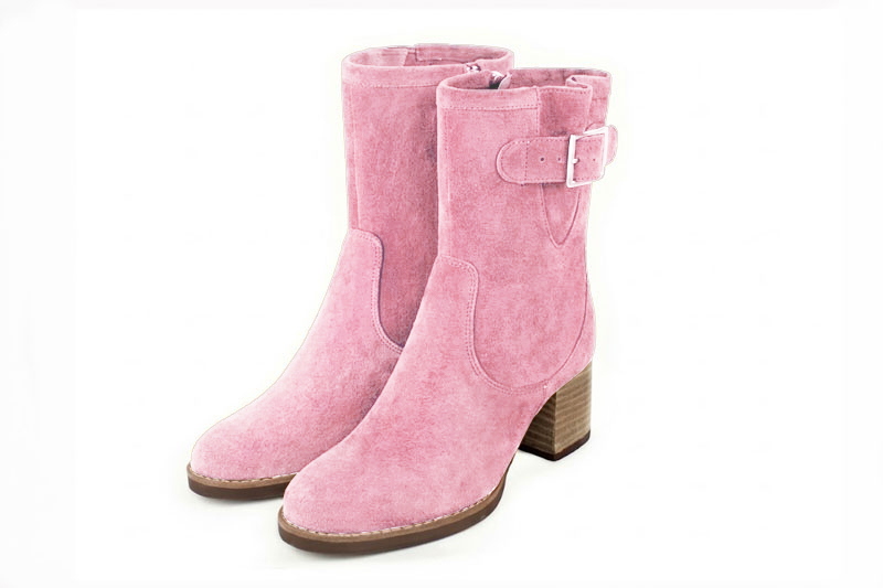 Bottines boucle sur le côté pour femme en cuir rose bonbon avec bout rond et talon bottier de 6 cm - Vue avant