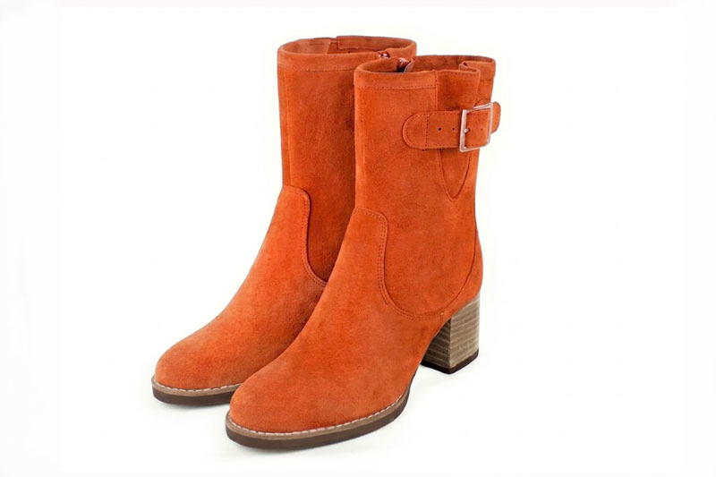 Bottines boucle sur le côté pour femme en cuir abricot avec bout rond et talon bottier de 6 cm - Vue avant