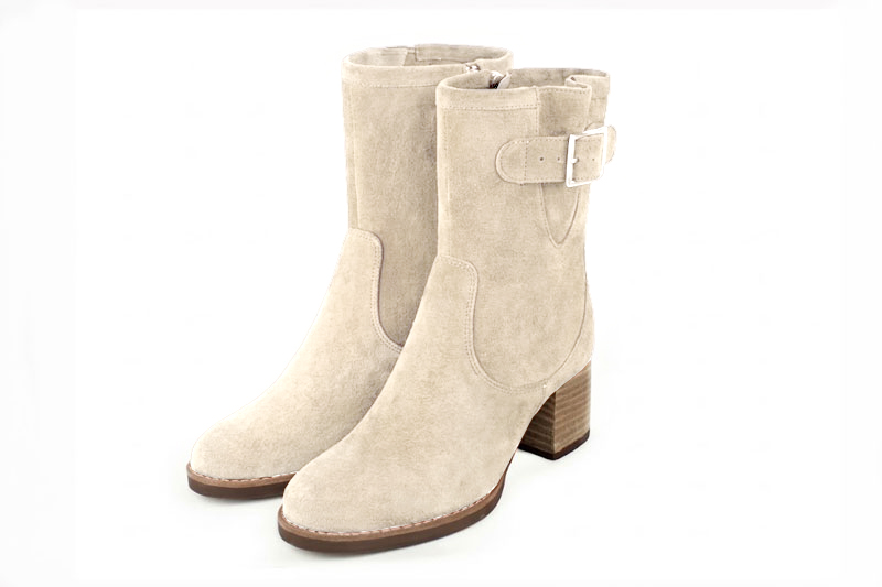 Bottines boucle sur le côté pour femme en cuir crème avec bout rond et talon bottier de 6 cm - Vue avant