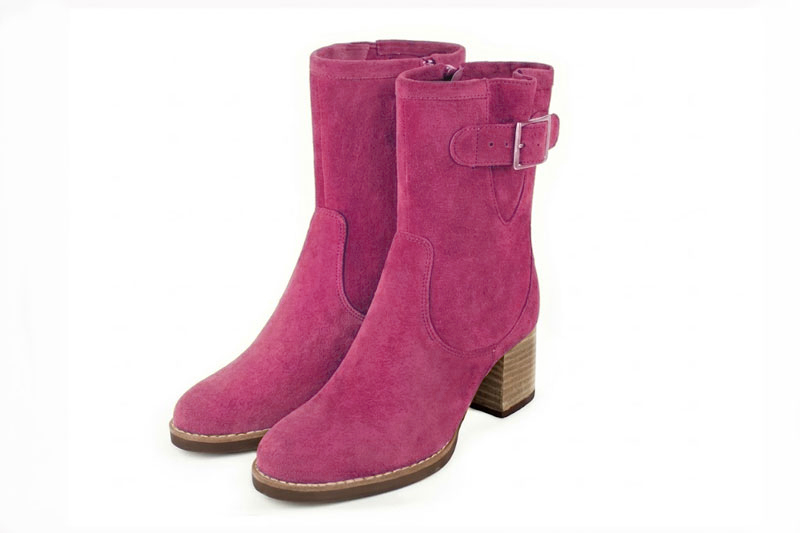Bottines boucle sur le côté pour femme en cuir fuchsia avec bout rond et talon bottier de 6 cm - Vue avant