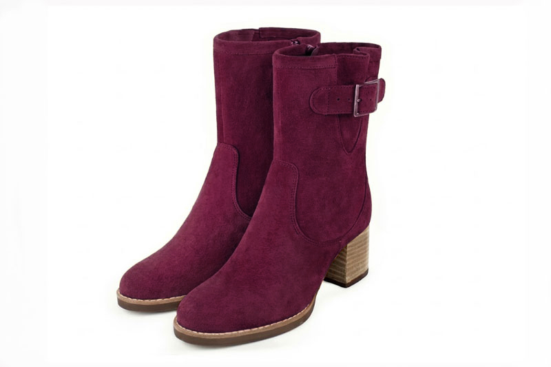 Bottines boucle sur le côté pour femme en cuir mauve avec bout rond et talon bottier de 6 cm - Vue avant
