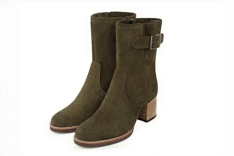 Bottines boucle sur le côté pour femme en cuir vert émeraude avec bout rond et talon bottier de 6 cm - Vue avant