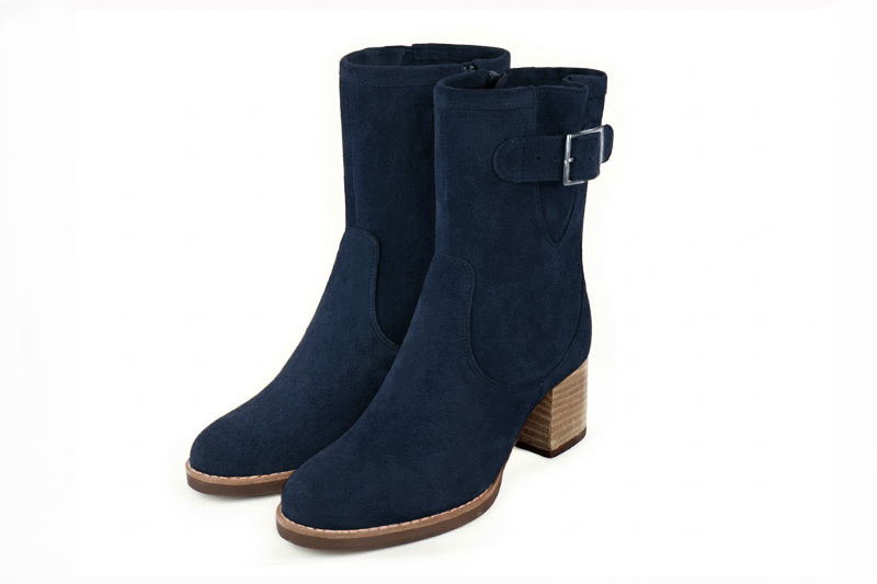 Bottines boucle sur le côté pour femme en cuir bleu marine avec bout rond et talon bottier de 6 cm - Vue avant