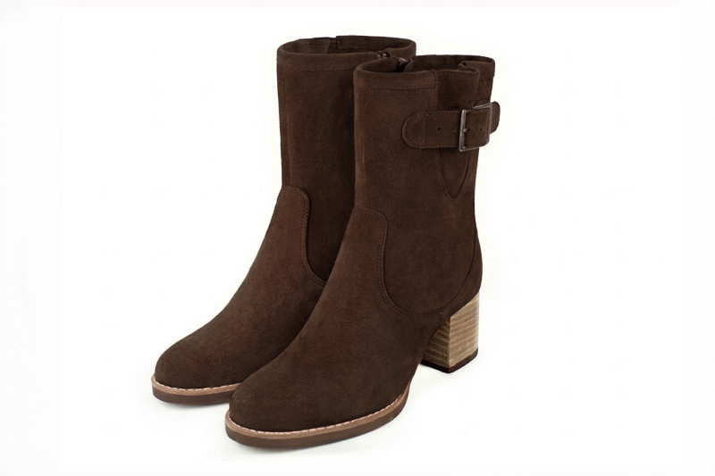 Bottines boucle sur le côté pour femme en cuir marron foncé avec bout rond et talon bottier de 6 cm - Vue avant