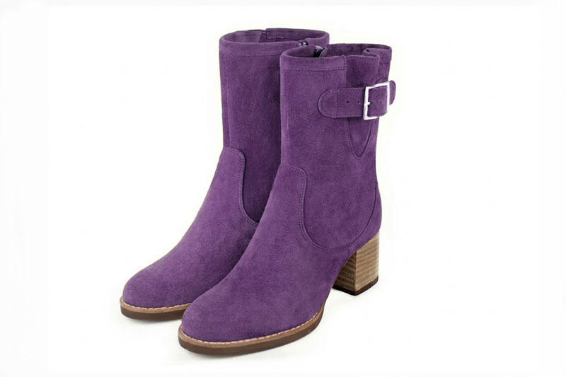 Bottines boucle sur le côté pour femme en cuir améthyste avec bout rond et talon bottier de 6 cm - Vue avant