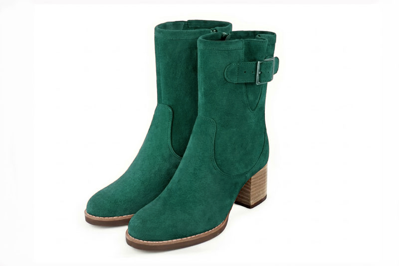 Bottines boucle sur le côté pour femme en cuir vert émeraude avec bout rond et talon bottier de 6 cm - Vue avant