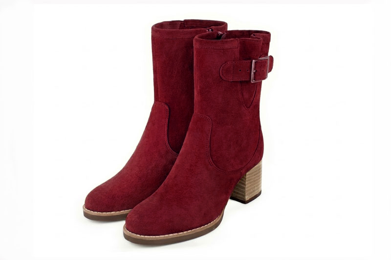 Bottines boucle sur le côté pour femme en cuir bordeaux avec bout rond et talon bottier de 6 cm - Vue avant