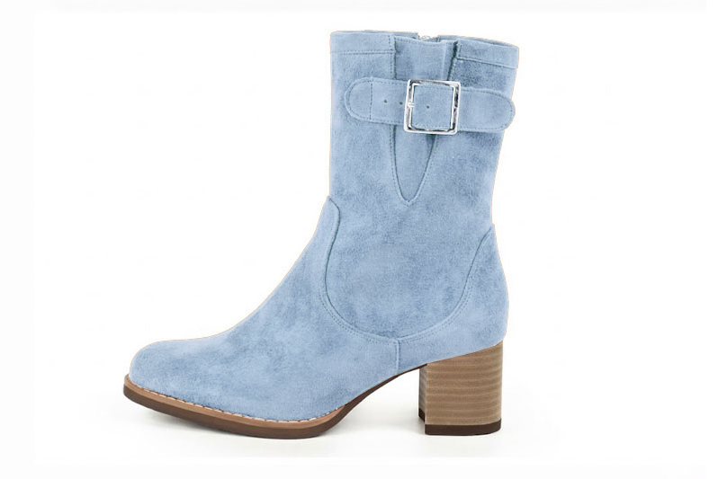Bottines boucle sur le côté pour femme en cuir bleu ciel avec bout rond et talon bottier de 6 cm - Vue de profil
