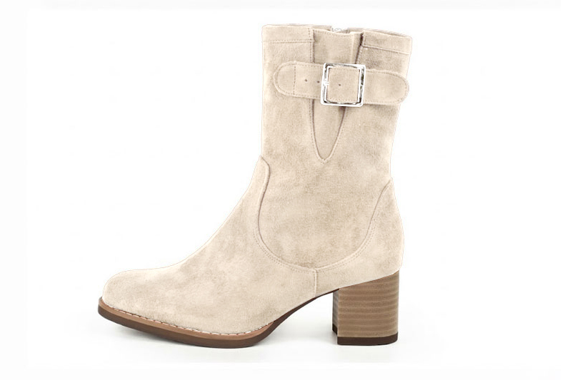 Bottines boucle sur le côté pour femme en cuir crème avec bout rond et talon bottier de 6 cm - Vue de profil
